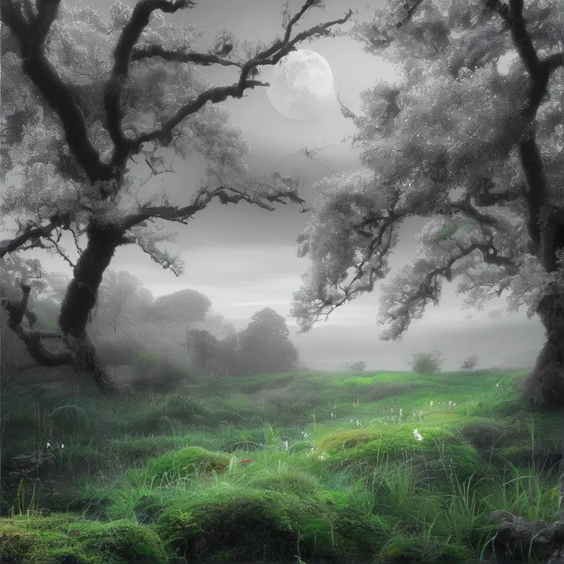 Two dark twisted trees frame a vibrant green mossy meadow beneath a bright full moon in a foggy grey sky
