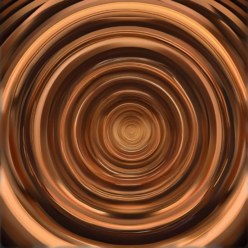 Swirling polished copper rings converge to a sharp central point with warm metallic tonal gradients.