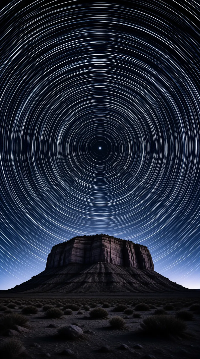 A flat topped rock formation rises above a desert floor beneath a sky filled with circular white star trails radiating from a central point.