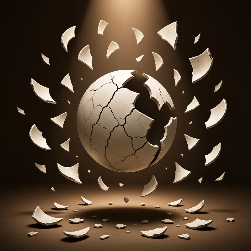 Cracked porcelain pieces explode outward from a central sphere illuminated by dramatic overhead lighting.