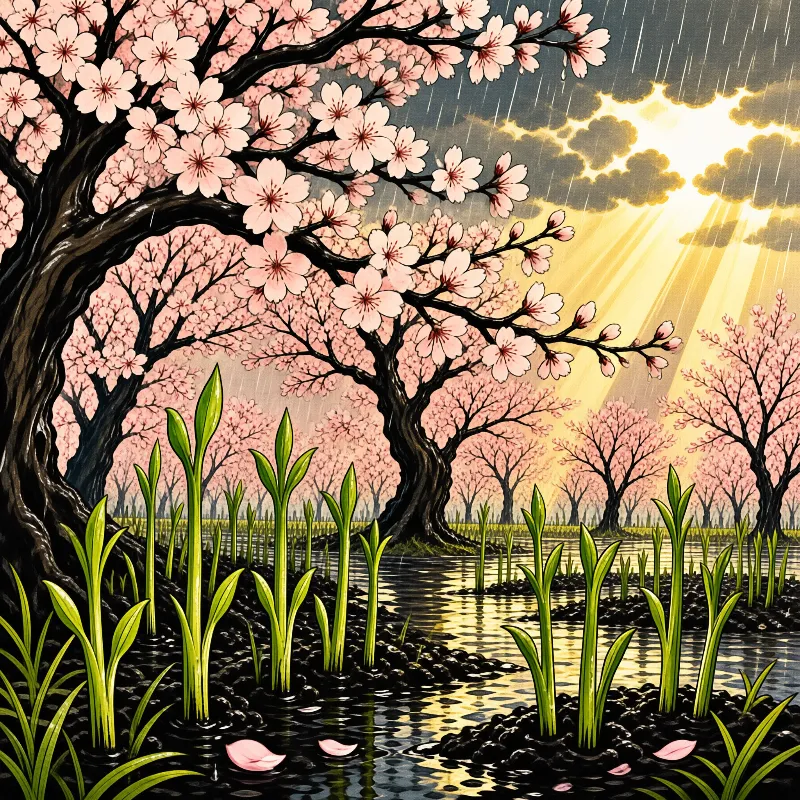 Rows of green shoots rise from dark mud beneath blooming cherry trees as golden sunbeams pierce rain clouds above.