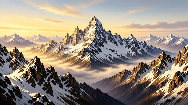 A vast mountain range with snow covered peaks stands above a layer of clouds illuminated by warm golden sunlight.