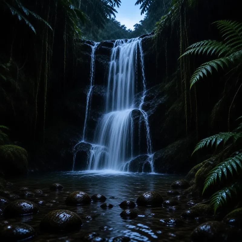 A smooth waterfall cascades over dark mossy stones surrounded by ferns under dim blue forest light.