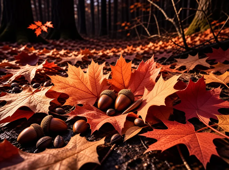 A cluster of brown acorns rests on vivid orange maple leaves scattered across a dark forest floor in warm autumn sunlight.