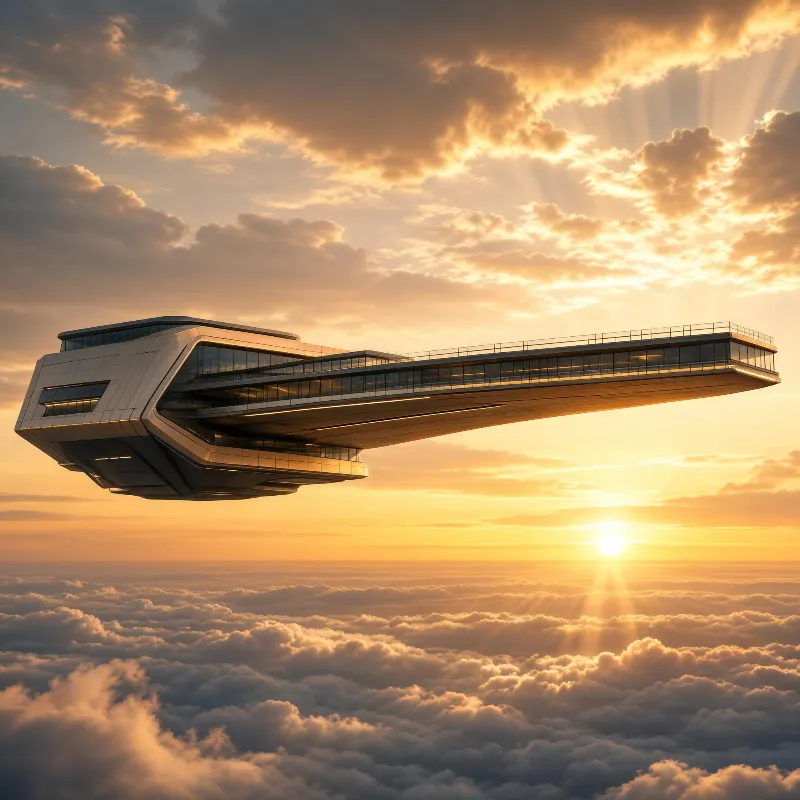 Futuristic Flying Structure at Sunset