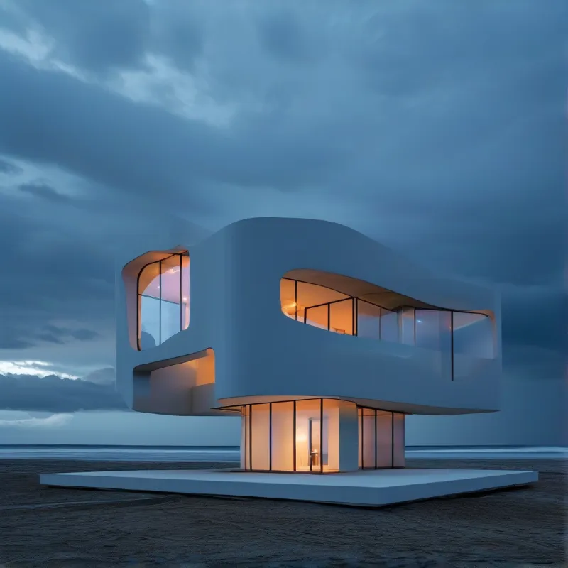A futuristic curvilinear white building lifts off a sandy shore as warm interior lighting contrasts cool twilight sky.