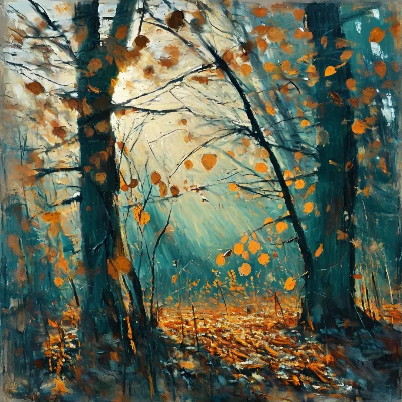 A painterly view of a forest interior featuring dark trunks and bright orange foliage illuminated by light.