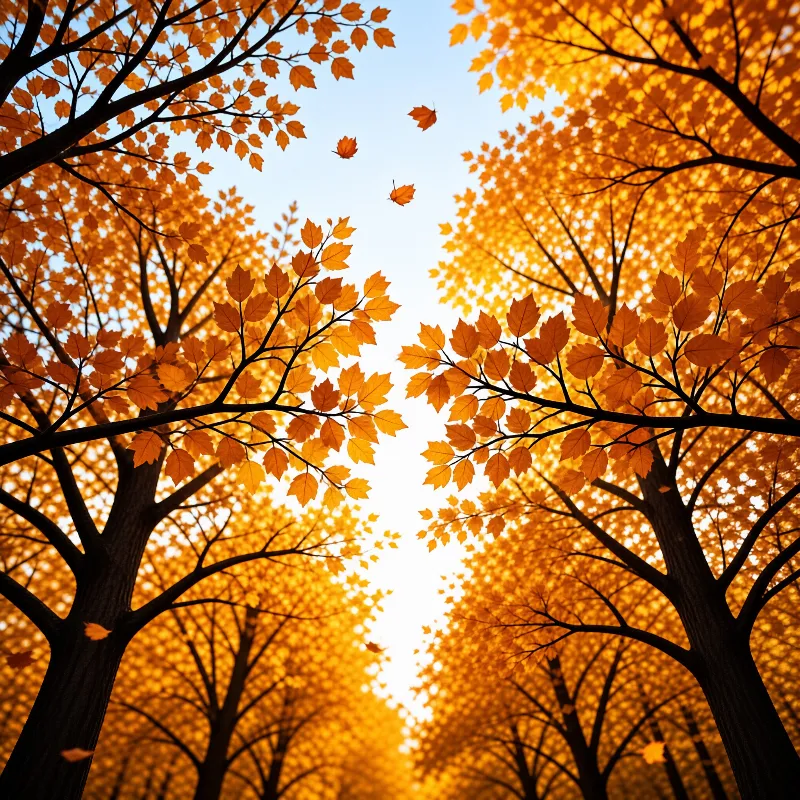 Rows of trees with vibrant orange leaves frame a path leading to bright light.