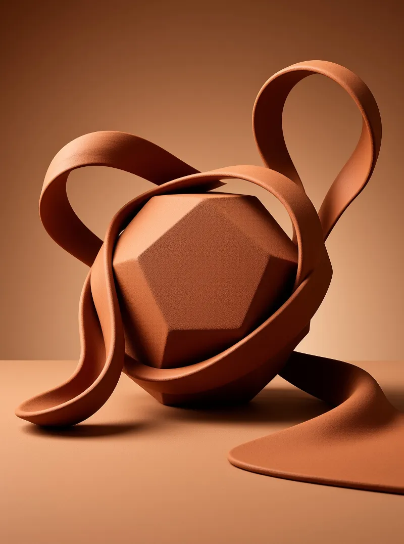 A low poly brown object is wrapped by a continuous ribbon in a monochromatic studio setting.