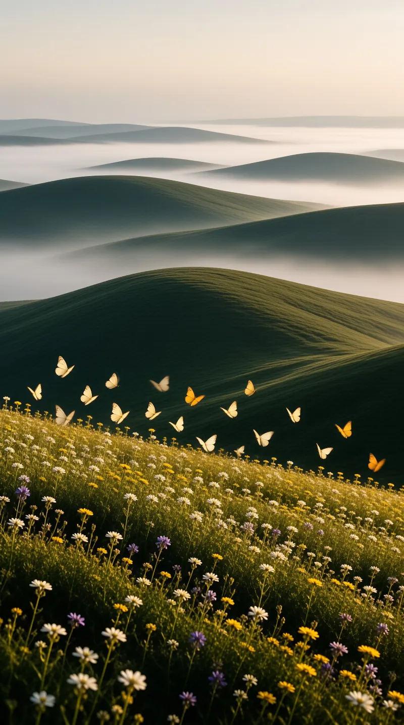 White and orange butterflies fly above a wildflower meadow while layers of green hills fade into morning fog.