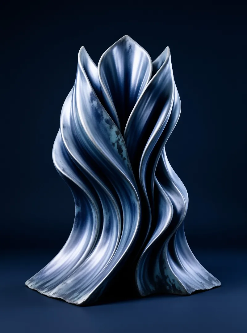 A flowing blue sculpture stands against a dark studio background with smooth reflective highlights