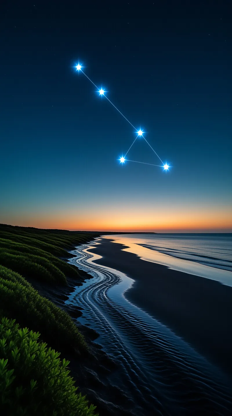 A bright blue constellation forms a geometric shape high in the darkening sky above a peaceful beach where a winding stream flows along the shore reflecting the twilight colors.