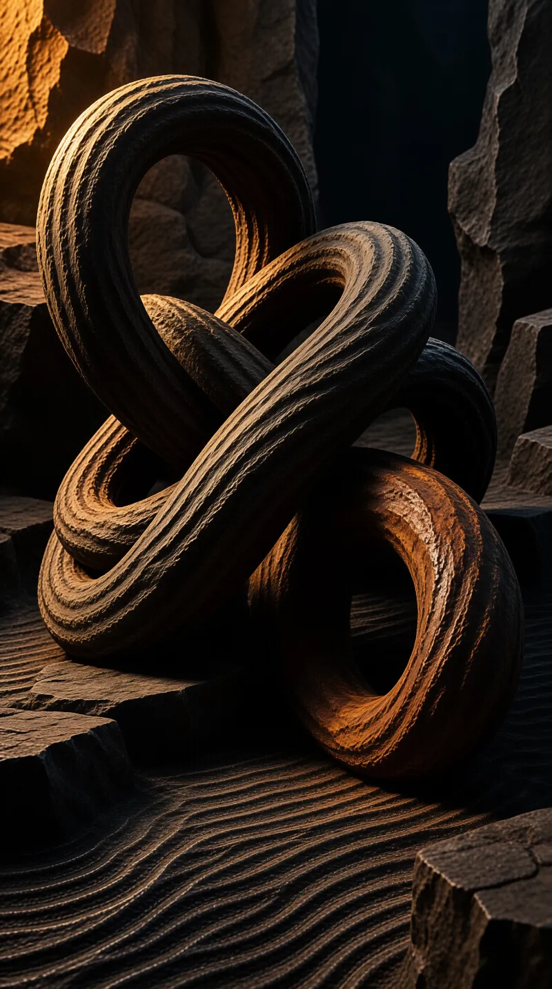 A massive twisted stone loop rests among striated rock walls under warm directional lighting.