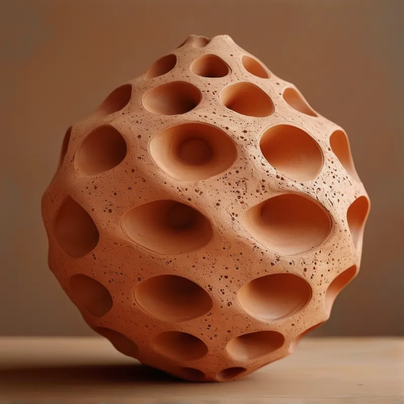 A rounded clay form featuring numerous circular indentations rests on a flat surface under warm diffuse lighting.