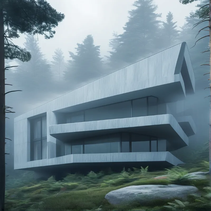 Modern Cabin in Misty Forest