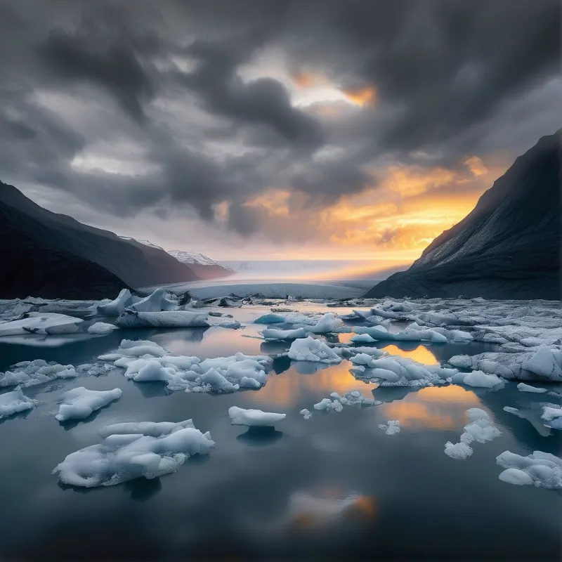 A landscape view shows numerous chunks of white ice floating on calm blue water between steep dark mountains while a bright orange sunset illuminates the clouds above the horizon.