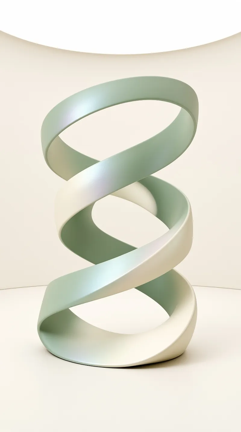 A vertical twisted ribbon sculpture with sage green and cream gradients stands on a beige studio surface under soft light.