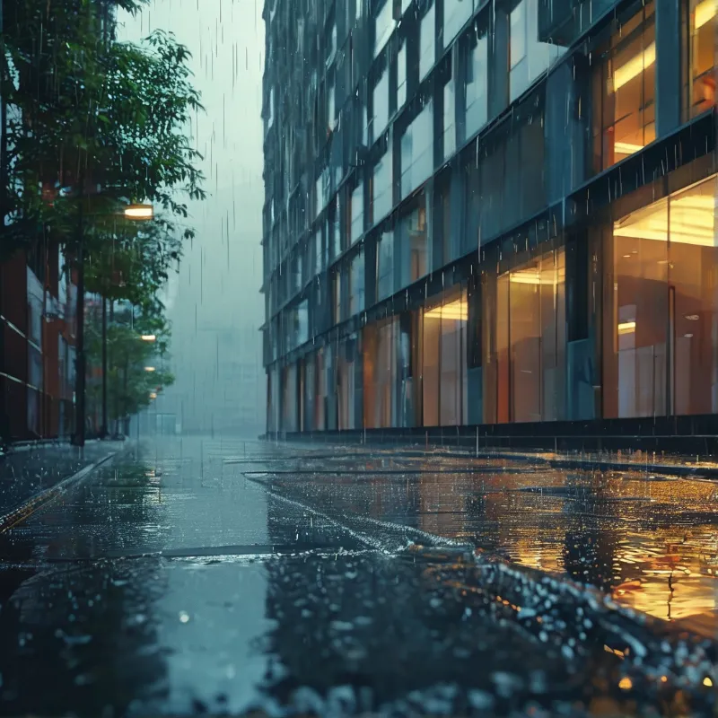 A rainy urban street shows pooled water reflecting warm orange light from a modern glass building while streetlights glow along the misty left side.