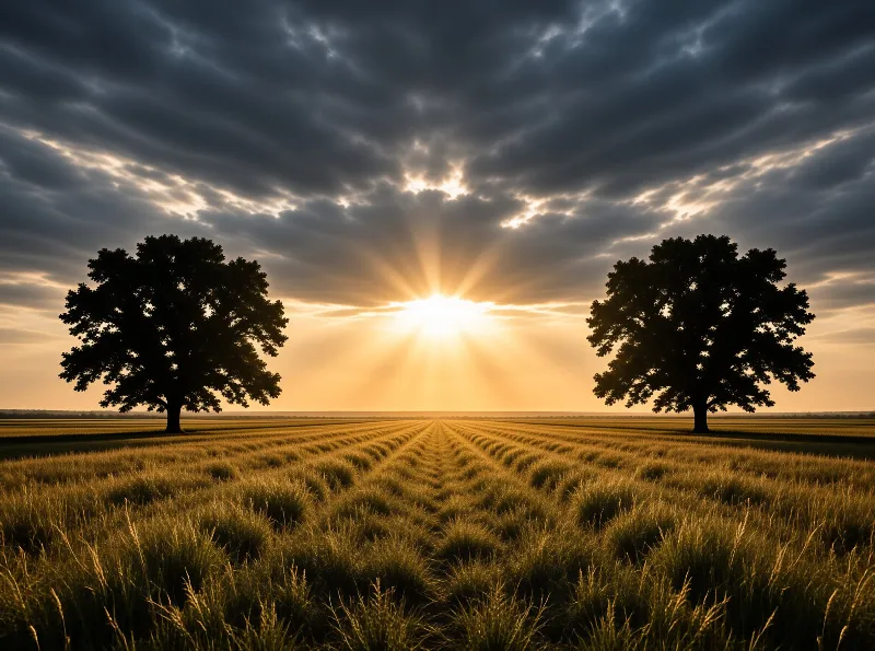 Sunlit Field with Two Trees