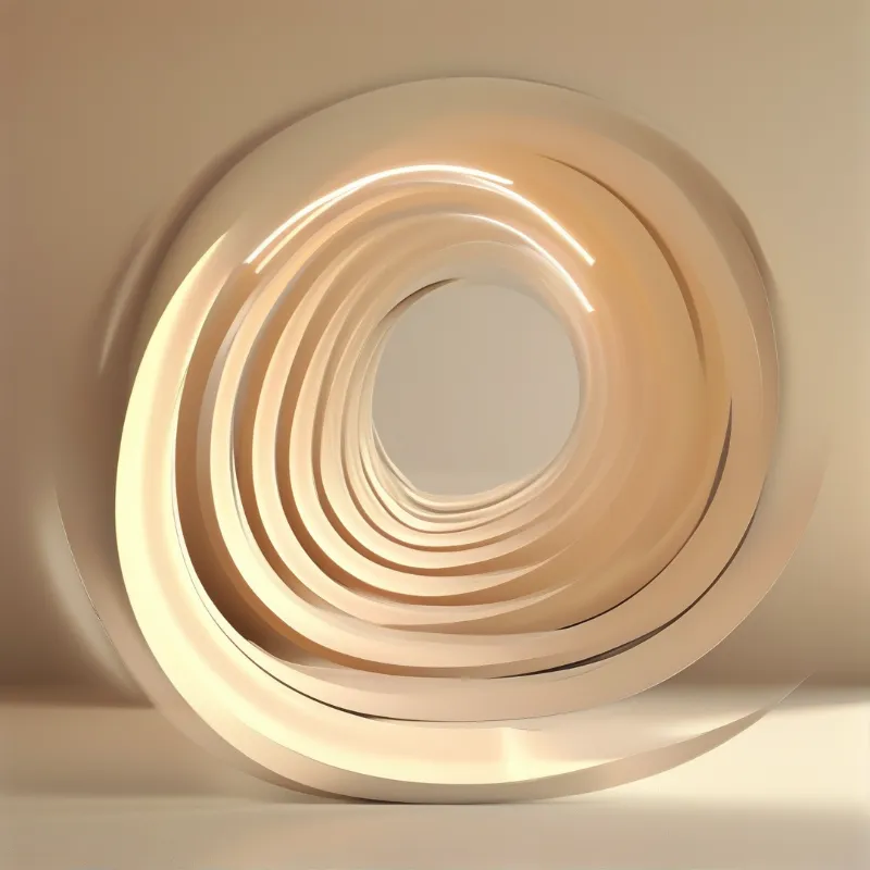 Concentric rings form a beige spiral tunnel glowing softly in a neutral space.
