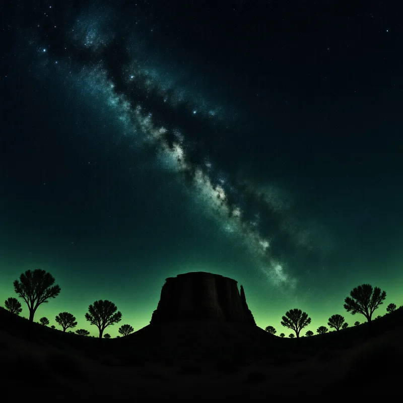 A dark rock formation stands centered below the bright Milky Way arching over desert trees and a green horizon glow.
