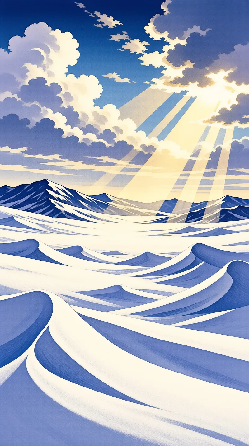 Stylized snow drifts roll across a wide plain as sunlight breaks through clouds above distant blue peaks.