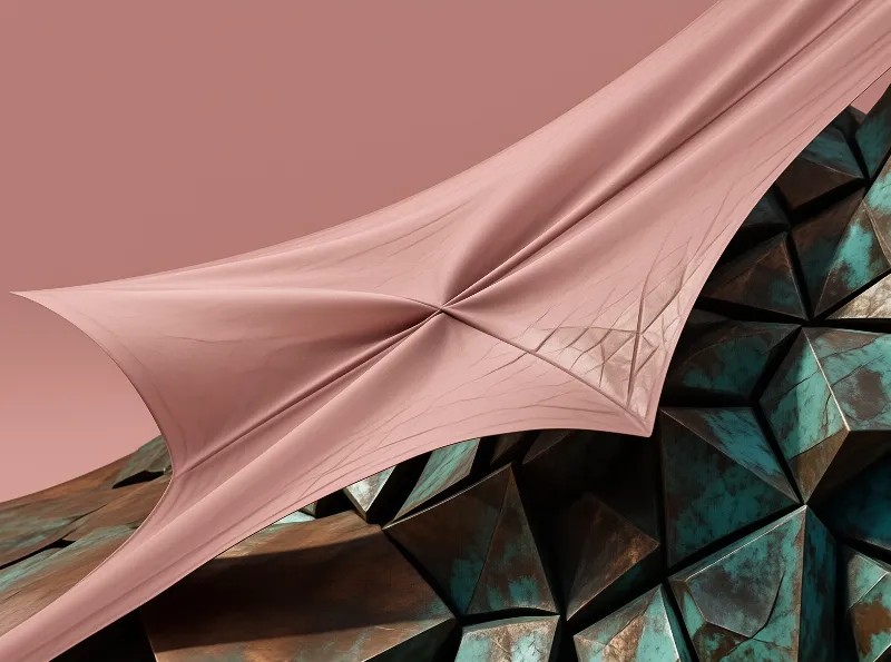 A flowing pink textile sheet drapes over a complex geometric structure featuring metallic green tones.
