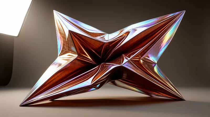 A shiny metallic star rests on a plain surface reflecting rainbow colors from a light source.