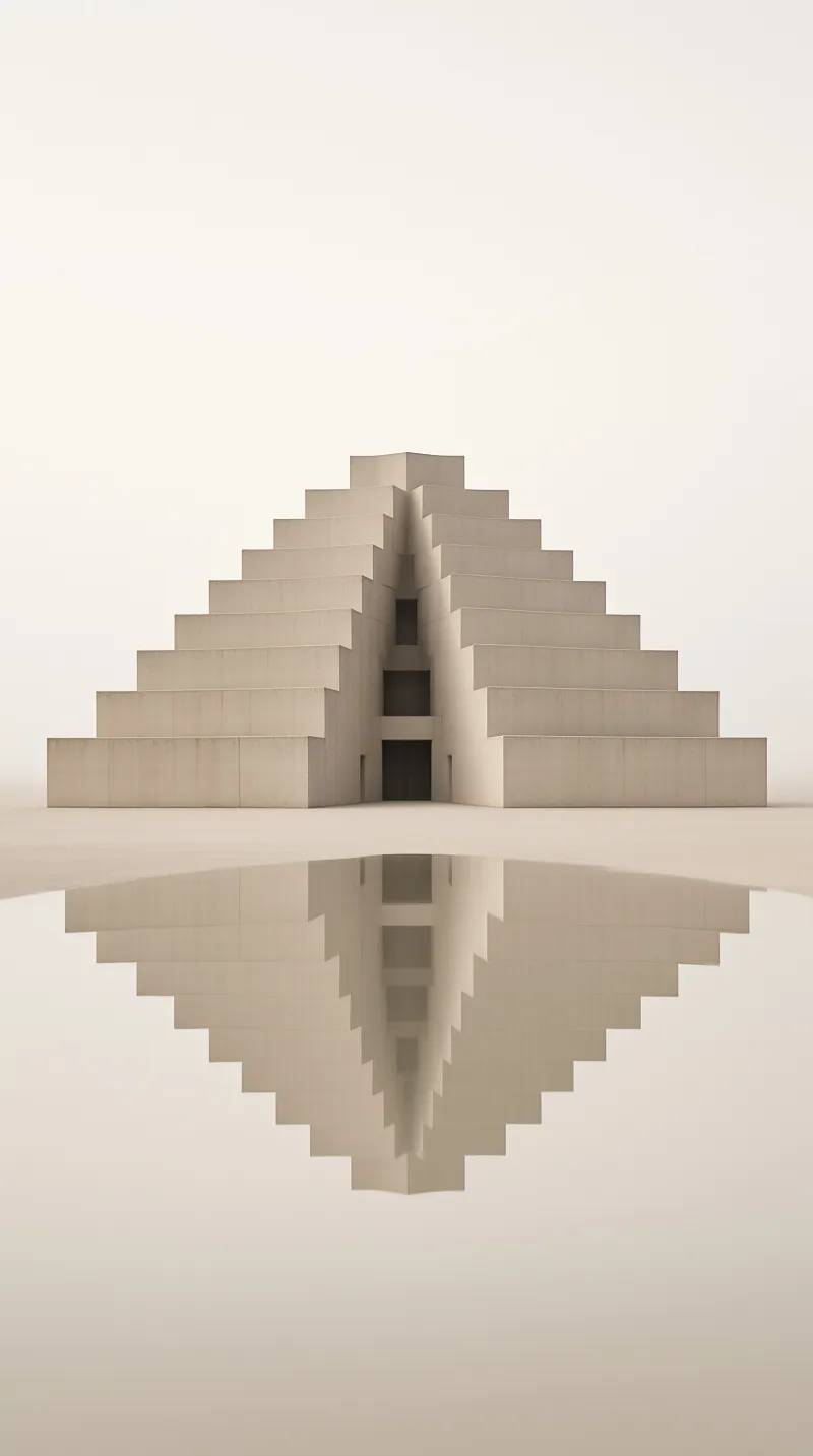 Stepped concrete monument rises from a pale void with a perfect mirror reflection showing the brutalist architecture clearly.