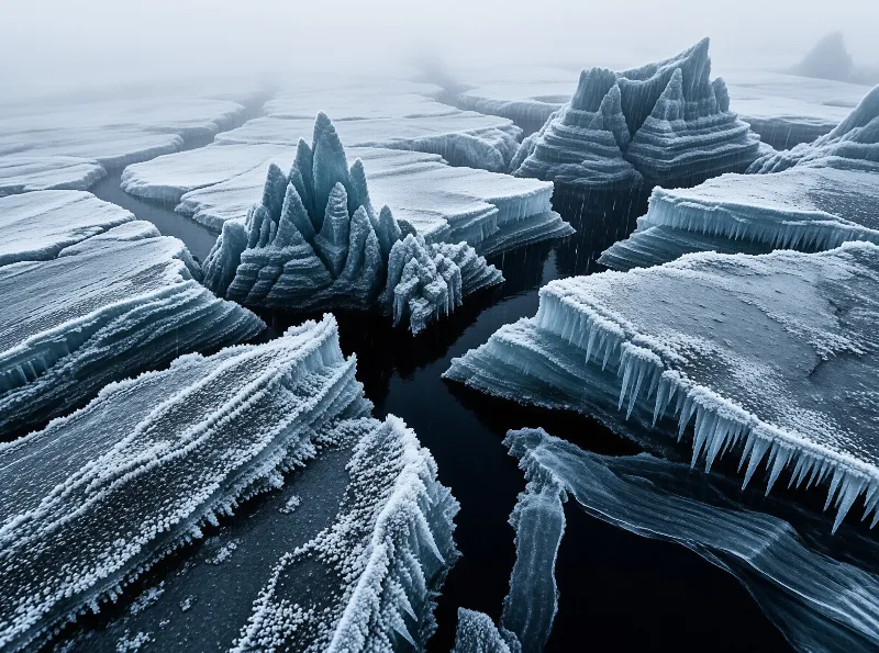 Large frozen ice chunks float on dark water with edges lined by icicles and snow while fog obscures the background.
