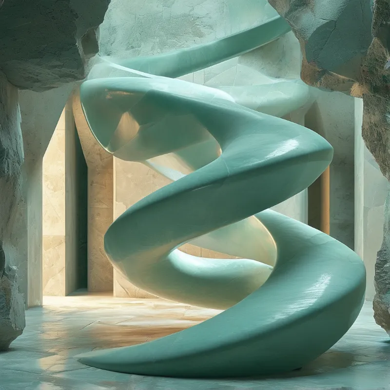 A large mint green helix rests among rough stone walls where warm sunlight streams through the opening.