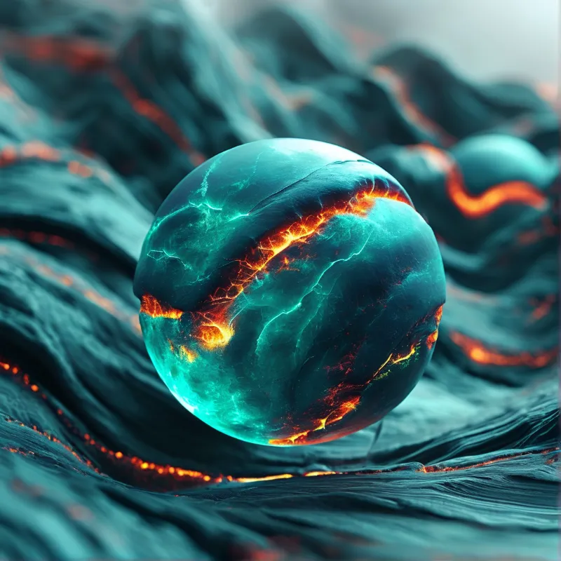 A glowing teal sphere with fiery cracks sits upon a matching undulating rocky surface.