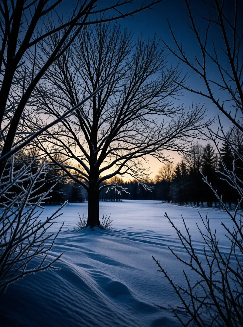 Bare branches frame a central tree standing in deep snow under a twilight sky transitioning from blue to orange.