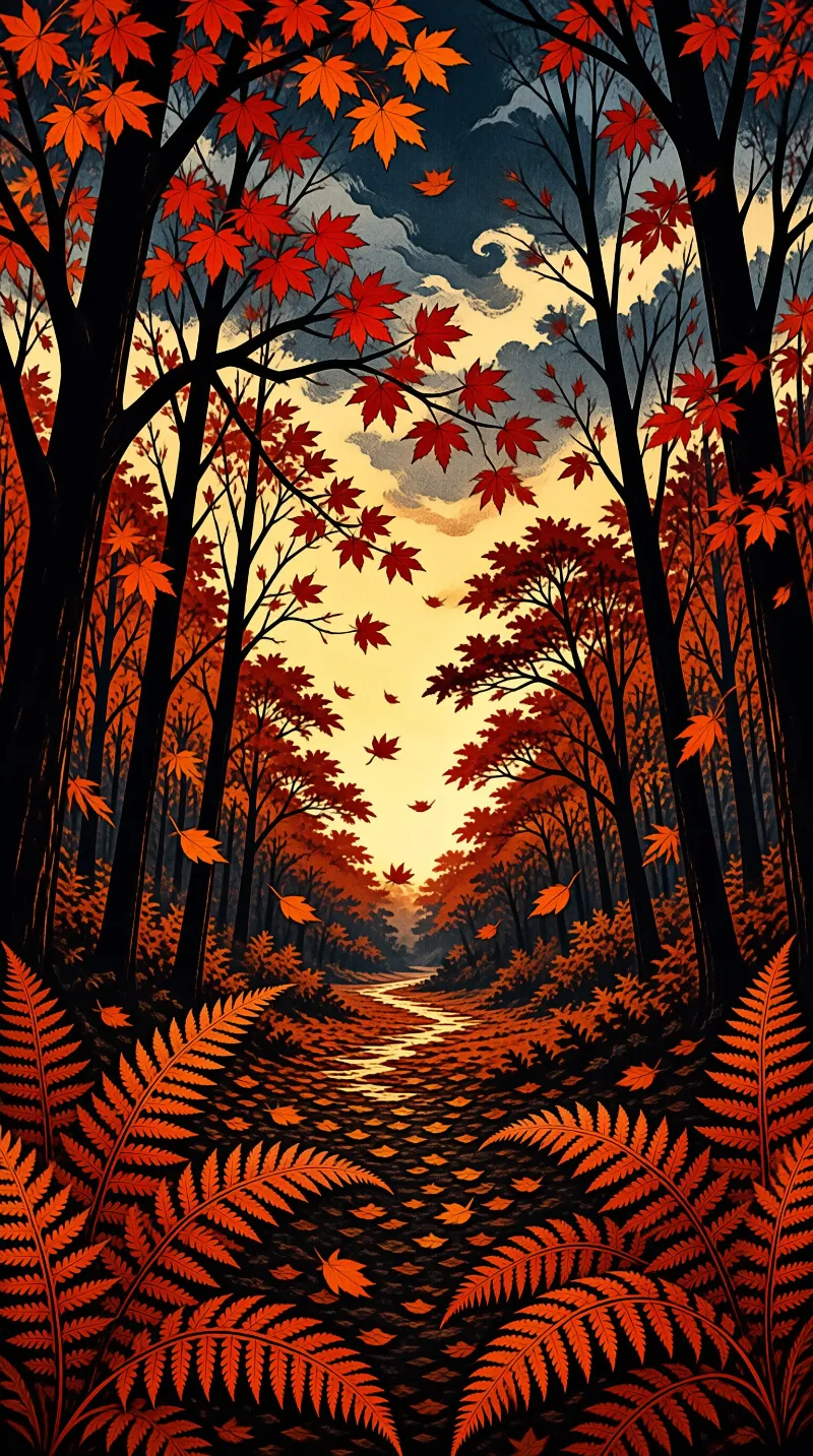 A winding forest path leads through silhouetted trees with bright orange leaves and ferns beneath a luminous sky.