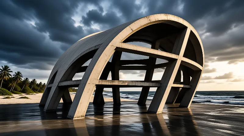 A large beige concrete framework stands on damp sand beneath a heavy stormy sky.