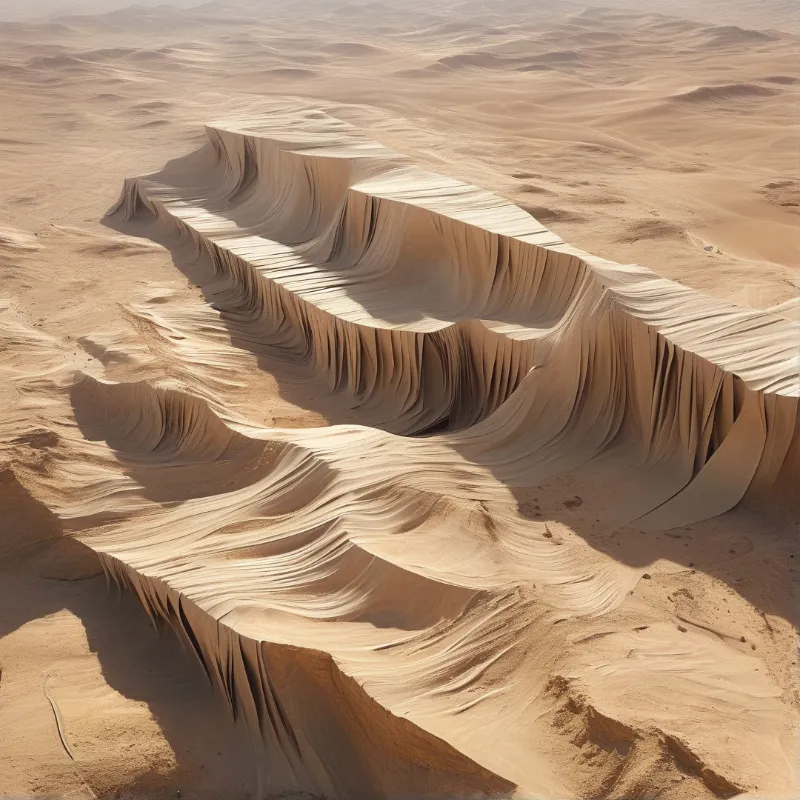 A surreal ribbon-like structure of layered sand sits amidst golden desert dunes bathed in bright sunlight.