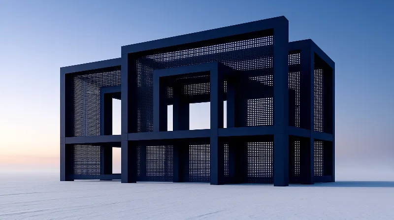 A dark geometric building featuring mesh screens sits on a smooth surface under a gradient sky.