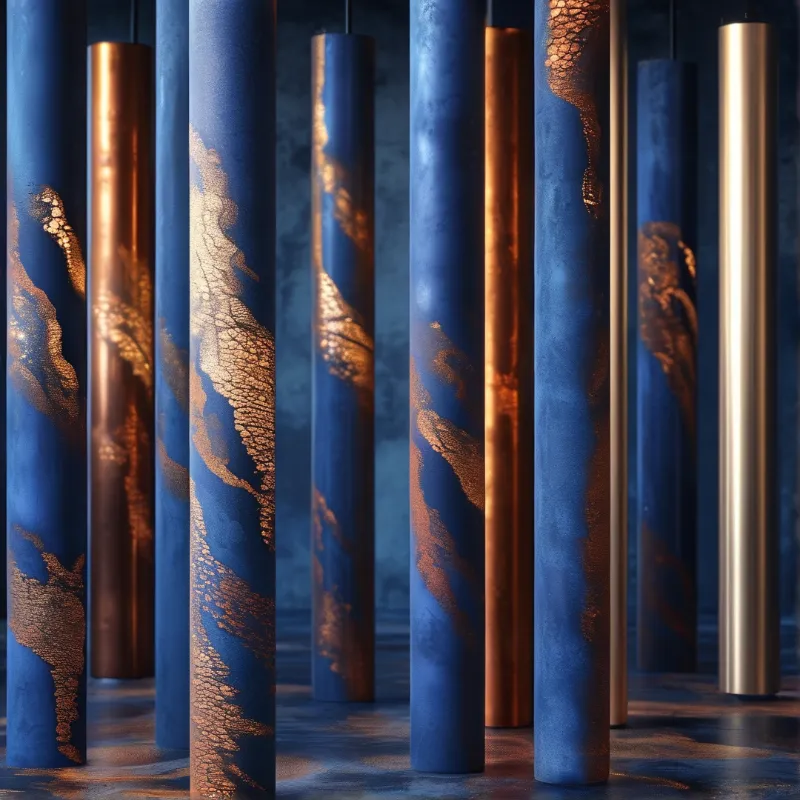 Tall cylindrical pillars feature blue surfaces with intricate gold marbling and copper tones on a reflective floor.