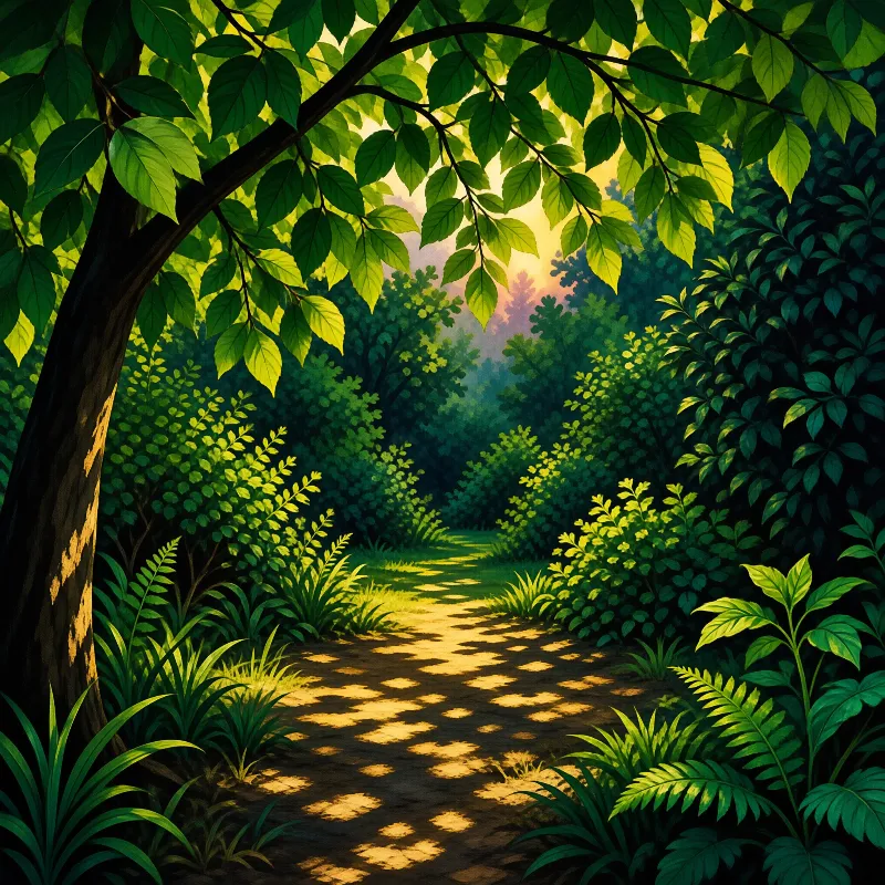 A sunlit woodland trail winds through dense green foliage, its ground patterned with warm dappled light.