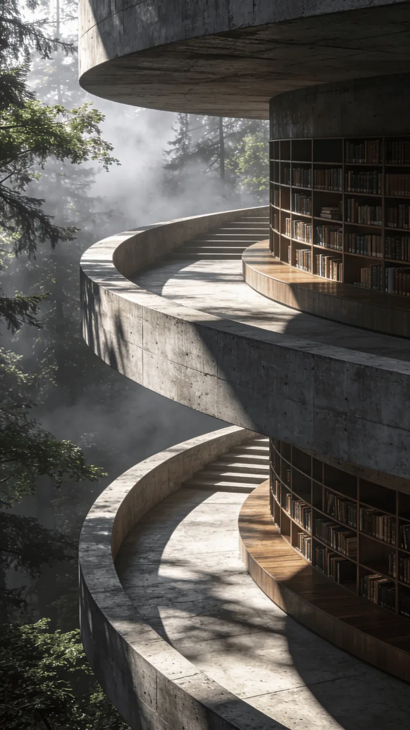 Library with Curved Concrete — Misty Forest