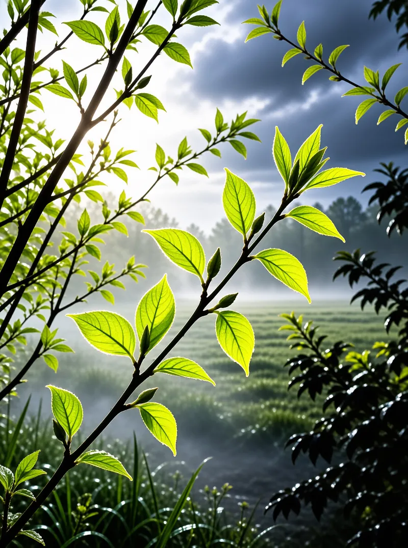 Sunlit Leaves in Misty Field