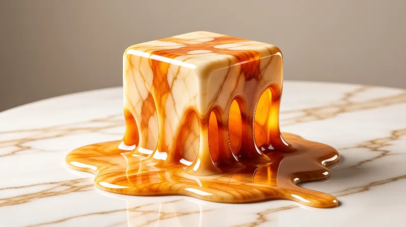 A viscous cube of honey-like resin melts into a pool on a polished white marble table under soft lighting.