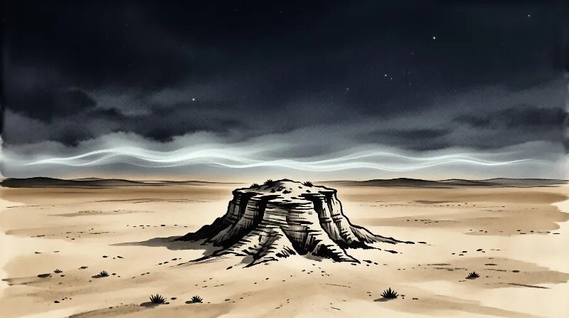 A rocky desert butte stands in a sandy landscape while a bright wavy aurora glows across the dark starry night sky.