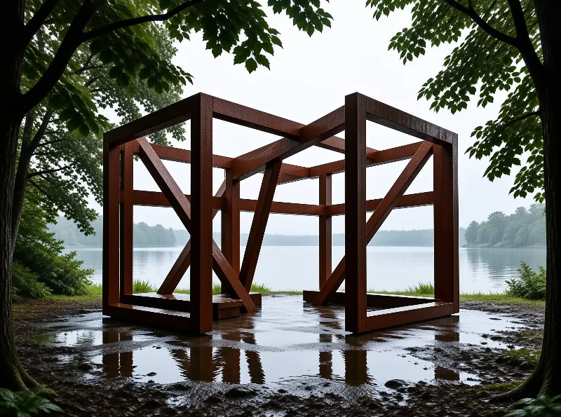 Two large reddish-brown wooden frames stand on the muddy shore of a lake surrounded by trees under an overcast sky
