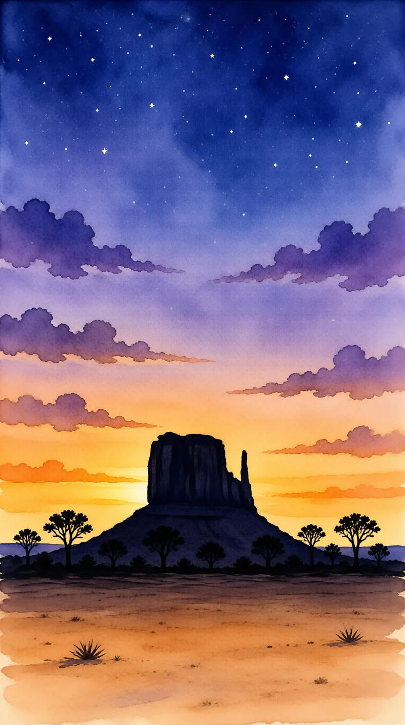 A dark mesa stands silhouetted against a sky gradient from orange horizon to deep star scattered blue with low cloud layers.