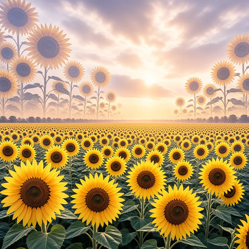 Rows of bright yellow sunflowers stretch toward a hazy horizon beneath a warm, cloud-streaked summer sky.