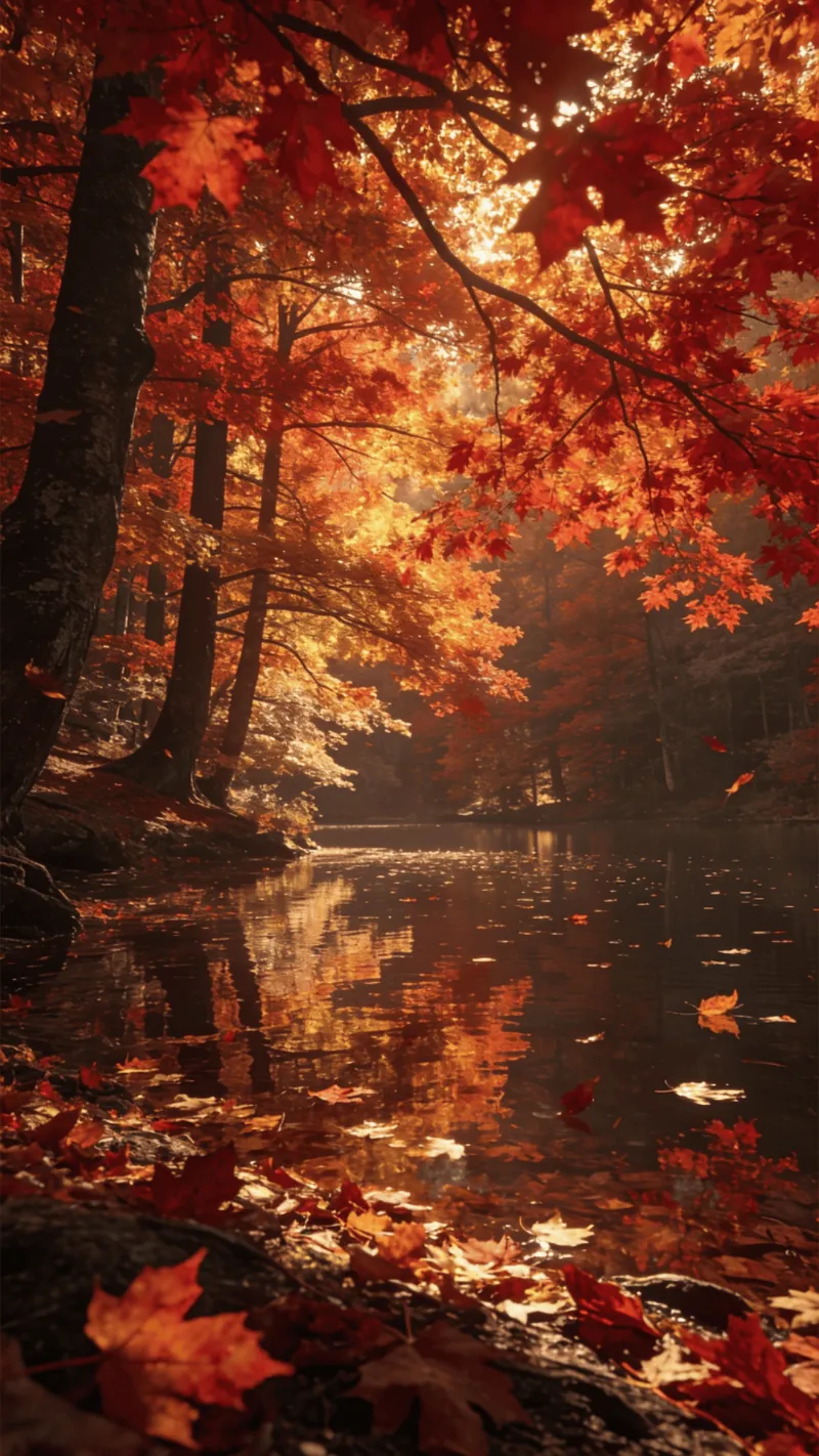 Red Maple Canopy Over a Calm Lake