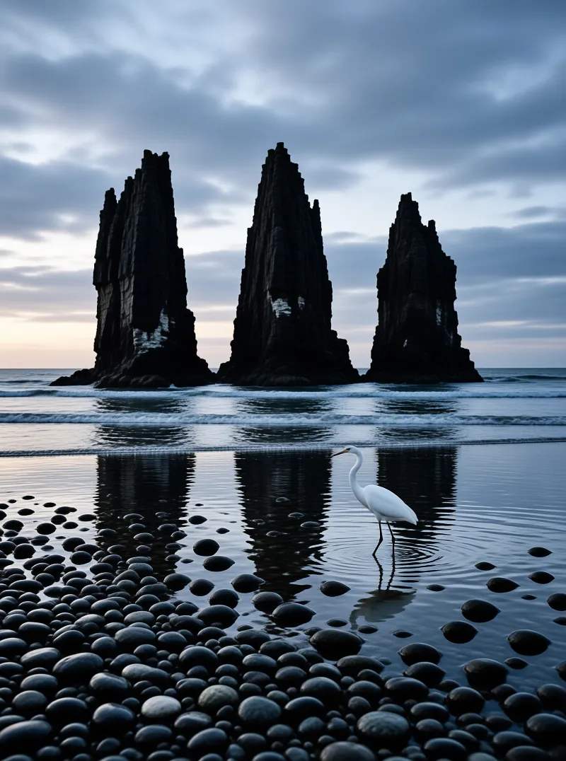 A white egret wades in shallow water on a dark pebble coast, with three jagged basalt sea stacks rising from the sea in cool blue dusk light.