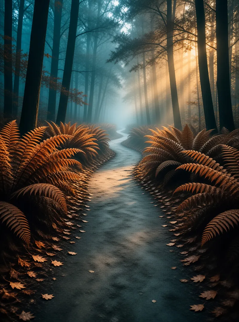 A winding path cuts through a misty forest where brown ferns line the edges as golden sunbeams stream down from the trees.