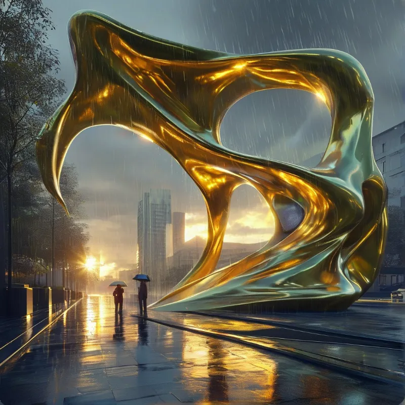 A large curved gold sculpture stands on a rain-slicked city plaza at dusk, with warm sunset light visible through its cutouts as two pedestrians with umbrellas pass by.
